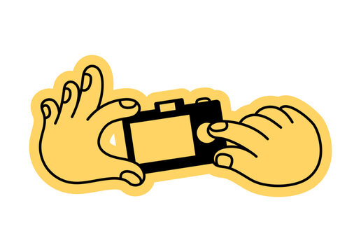 Vector hand drawn doodle gesture, mascot and character hands holding camera and making photo, blogger and content creator