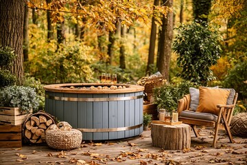 Obraz premium Luxury Outdoor Hot Tub On Wooden Terrace Encircled By Beautiful Autumn Forestry At Golden Hour Area.
