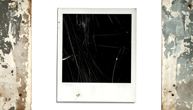 Isolated vintage square photo frame with heavy dust, scratches, and distressed texture, retro photography overlay for nostalgic projects