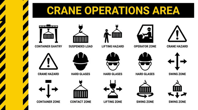 Warning and informational signs for safe crane operations, including container loading, lifting hazards, and operator areas