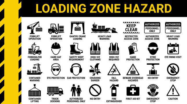Collection of safety warning signs and symbols for loading zones, highlighting potential hazards and protective measures for workers and vehicles