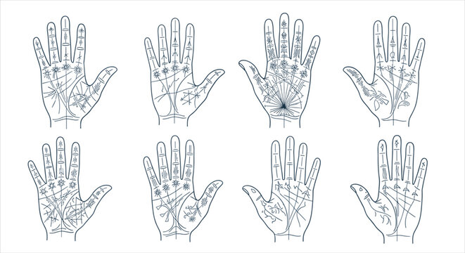 Mystical palmistry hand diagrams showing detailed fortune telling lines and star patterns for spiritual analysis or esoteric studies on a clean white background.