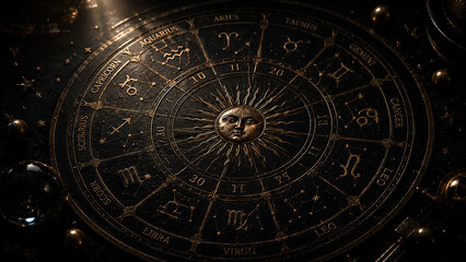 Obraz premium Dark Luxury Black and Gold Zodiac Wheel with Sun Face and All 12 Signs, Premium Astrology Concept
