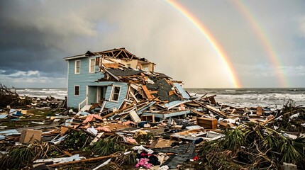 Fototapeta premium Devastated light blue two-story wooden coastal home sits completely destroyed amidst chaotic rubble contrasted by a bright double rainbow.