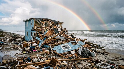 Fototapeta premium Devastated light blue two-story wooden coastal home sits completely destroyed amidst chaotic rubble contrasted by a bright double rainbow.