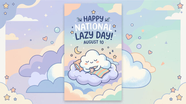 Lazy day, national lazy day, cute cloud, sleeping cartoon, pastel background