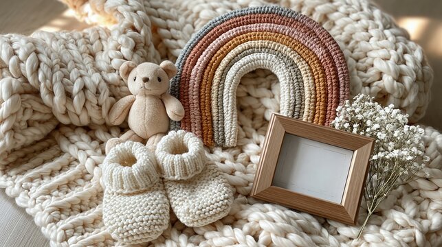 Cozy Baby Essentials: Knitted Blanket, Teddy Bear, Booties, Rainbow Decor, and Photo Frame for Newborn Announcement