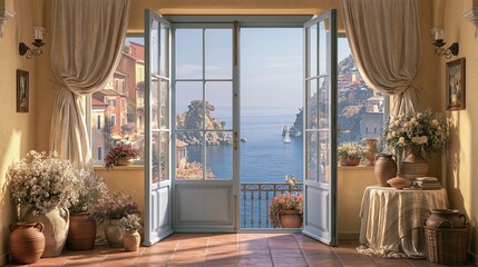 Obraz premium Charming Mediterranean Balcony Overlooking a Picturesque Coastal Village and Azure Sea