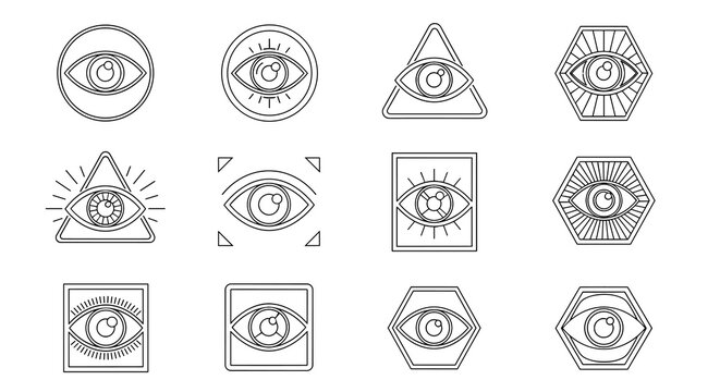 Esoteric all-seeing eye icons enclosed in geometric shapes like triangles and hexagons for mystical branding or occult themed projects requiring symbolic imagery.