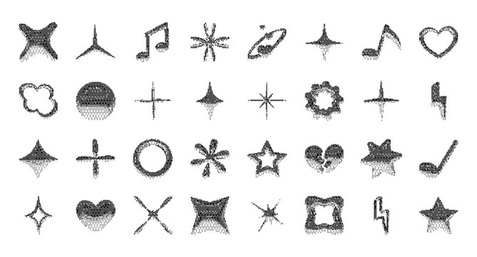 Set of pixel icons in Y2K style. Vector bitmap icons for tech projects, IT startups, esports, music covers, posters, UI illustrations, and more
