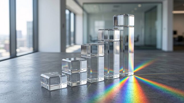 Elegant ascending financial bar chart composed entirely of solid clear crystal glass blocks rests on a smooth grey surface catching light.