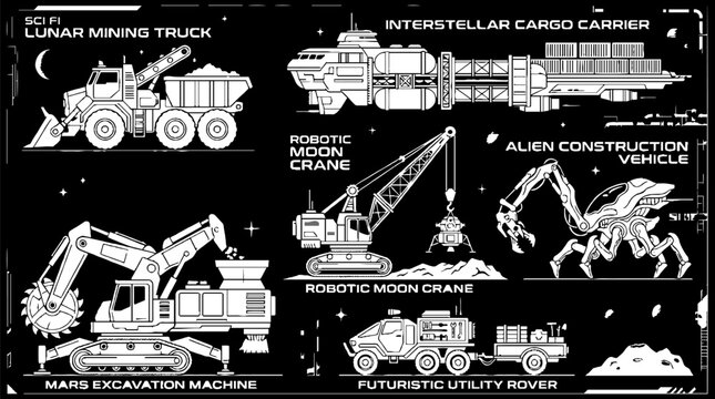 Set of futuristic space construction and mining machinery line art.