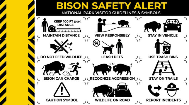 Bison Safety Alert National Park Visitor Guidelines and Symbols for Safe Wildlife Encounters