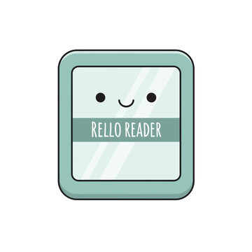 Cute cartoon "Rello Reader" badge with happy face