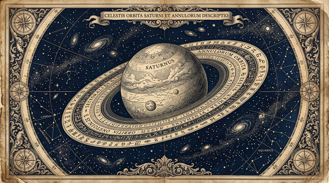  Vintage Baroque Celestial Map of Saturn with Rings Moons and Constellations, Antique Latin Astronomy Scientific Illustration