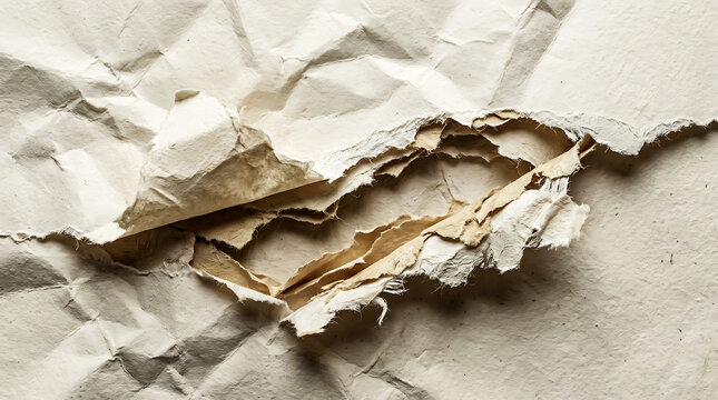 Torn and crumpled offwhite handmade paper texture background with ripped edges