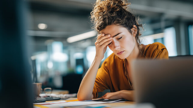 Exhausted businesswoman working late at a laptop with paperwork, illustrating stress, burnout, fatigue, deadline pressure, mental overload, and modern workplace challenges.