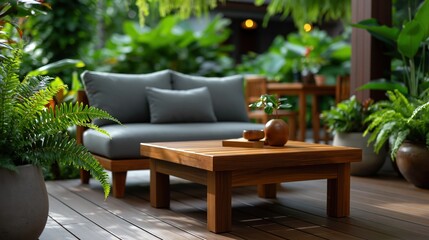 Fototapeta premium Elegant Outdoor Living Space with Comfortable Seating and Coffee Table Surrounded by Lush Greenery