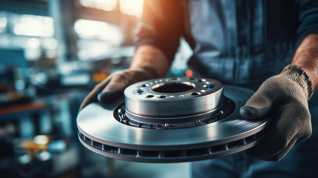 Professional mechanic holding a new brake disc rotor in an auto repair workshop. Automotive brake system maintenance and replacement concept.