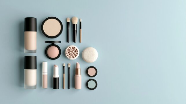 Flat lay of essential beauty makeup products and tools arranged neatly on a pastel blue background