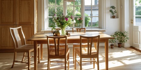 Fototapeta premium Bright and Airy Wooden Dining Room bathed in Sunlight with Floral Arrangement