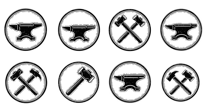 Assorted circular blacksmith emblems with anvil and hammer icons for vintage workshop signage and industrial design projects.
