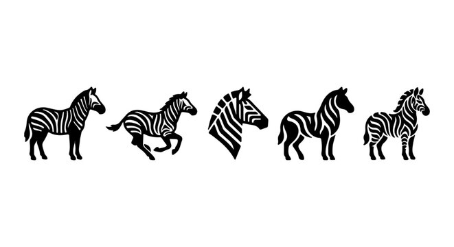 Vector Zebra Icons Set, Wildlife Animal Graphics, African Safari Mammal Illustrations, Black and White Stripes