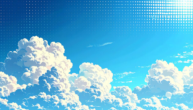 pixel art blue sky with fluffy white cumulus clouds, retro video game aesthetic background