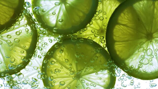 Close up vibrant fresh lime slices in sparkling soda water, refreshing effervescent drink, bright green citrus fruit backdrop with rising bubbles, dynamic slow motion footage.