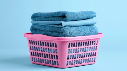 Fototapeta premium Stack of Clean Blue Towels in a Pink Laundry Basket Against a Soft Blue Background