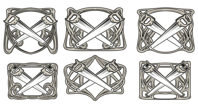 Collection of vintage-style carpenter badges featuring crossed hand saws framed by ornate decorative borders on a neutral grey background surface for woodworking brand identity.