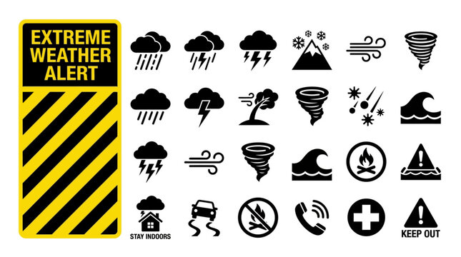 Extreme Weather Alert Icons and Symbols for Warnings and Safety Information