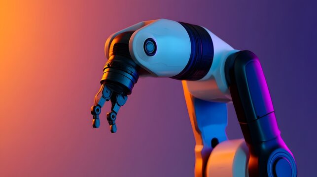 A vibrant abstract depiction of a futuristic robot arm featuring bold colors and dynamic reflections symbolizing advanced technology and design