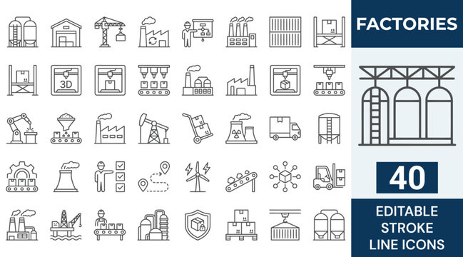Factories web icons in line style. Production, technology, factory, industry power, manufacture. Vector illustration.