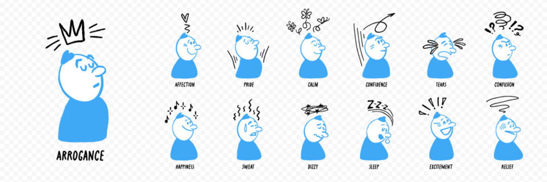 Comic character face expression set with simple figures and line effects showing moods like arrogance, affection in a hand drawn style. Comic character expressions with motion effects