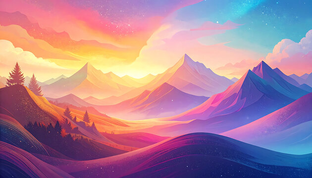 Pixel art mountains with sunset sky and dreamy vibrant gradient colors for digital background