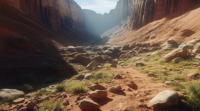 Rocky desert canyon valley with towering sandstone cliffs and sparse vegetation under a bright sky