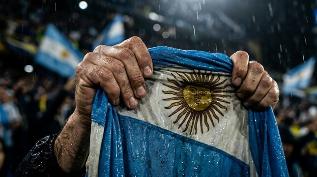 Man holding wet argentina flag in rain at sports event