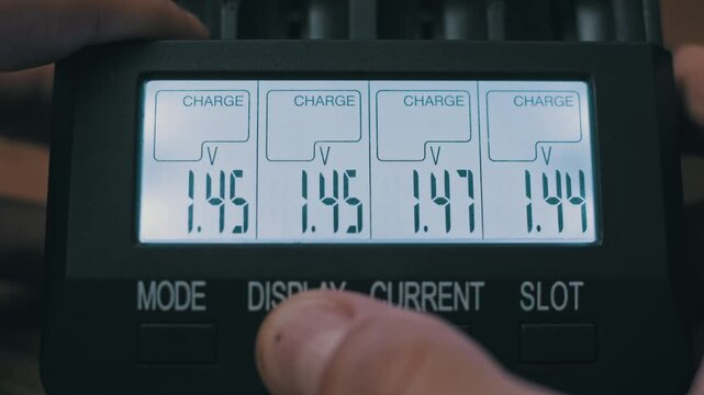 Macro view of a finger pressing the display button on a battery charger. The backlit LCD screen cycles through status indicators, showing voltage and current readings.