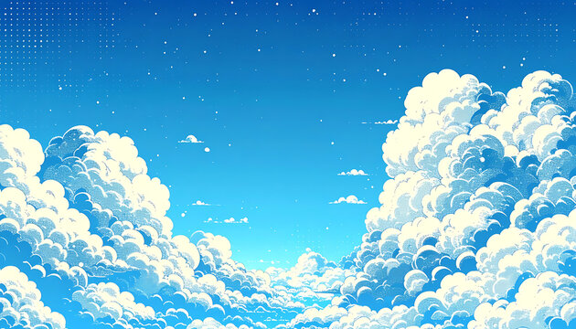 Pixel art style blue sky with fluffy white clouds, retro 8-bit game background