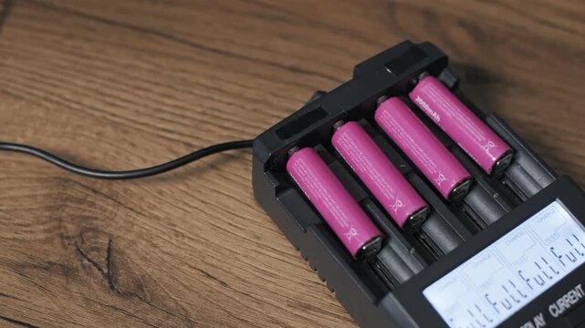 High-angle view of four pink rechargeable AA batteries in a black charger on a wooden table. The digital LCD screen shows a full charge status for each cell in its slot.
