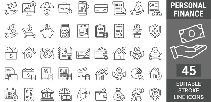 Personal Finance web icons in line style. Salary, budget, pay online, bank, credit card, wallet, tax, management, collection. Editable stroke. Vector illustration.