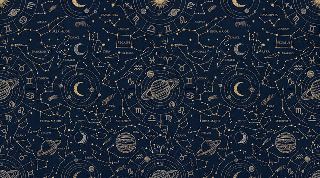 Seamless Dark Navy Blue and Gold Celestial Pattern with Planets Constellations and Zodiac Signs, Luxury Astrology Textile Design