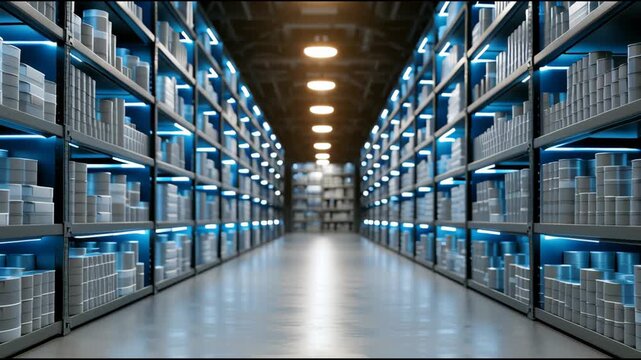 Rows of shelves fill the space with various books and items while overhead lights create a soft glow in the storage area at night.