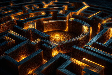 Fototapeta premium An intricate, glowing golden maze structure is displayed against a dark background.