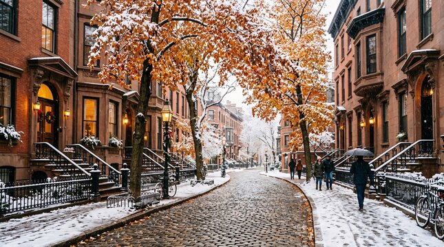 Picturesque historic city street lined with elegant brownstone townhouses features vibrant orange autumn leaves and fresh white snowfalls.