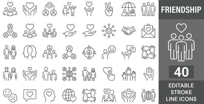 Friendship web icons in line style. Interaction, friend, relationship, mutual assistance, social responsibility, buddy, love, collection. Editable stroke.  Vector illustration.