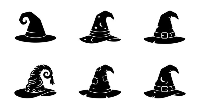 Witch Hats Collection, Spooky Halloween Icons, Magical Wizard Headwear, Black Silhouette Vector Set