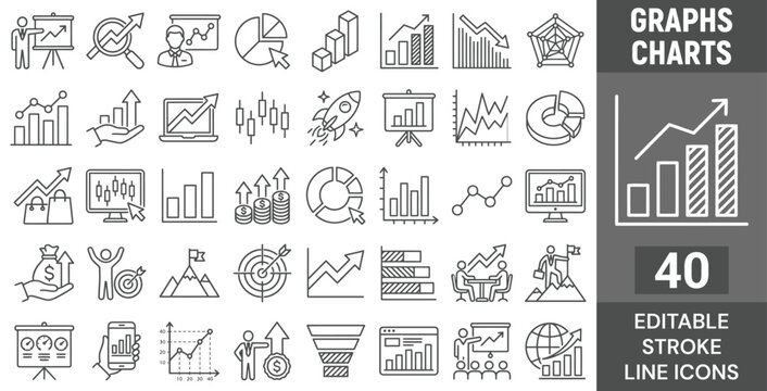 Graph and Charts web icons in line style. Graphics, infographic, statistics, data, diagrams, economy reduction, finance, arrow, business, increase, decrease. Editable stroke. Vector illustration.
