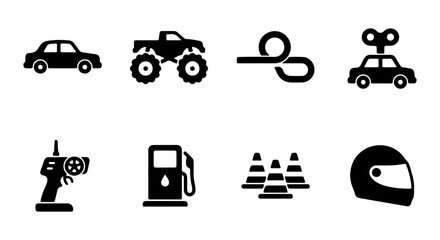 Vehicle and Racing Icons: Car, Monster Truck, Remote Control, Helmet, Fuel, Cones © Arju